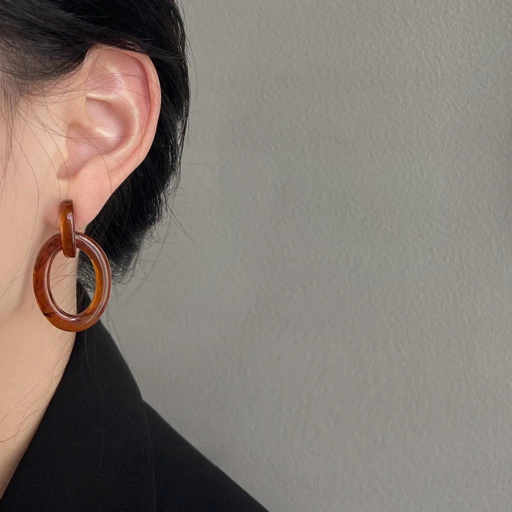 Retro Hong Kong Style Amber Acrylic Geometric Hollow Double Hoop Drop Earrings For Women