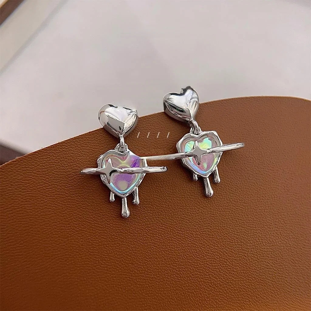 Sweet Cool Copper Liquid Heart Planet Drop Earrings Colorful Niche Fashion Heart Jewelry