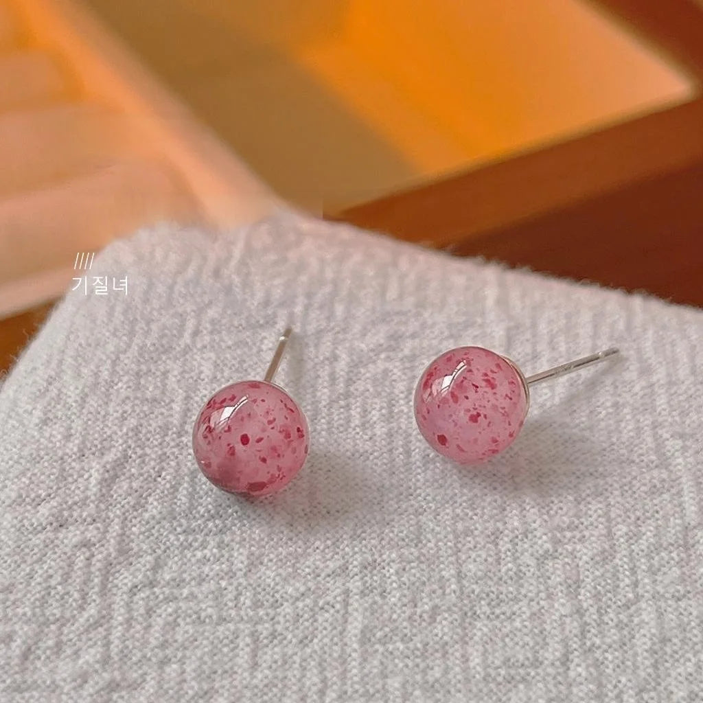 Cute Mini Resin Round Ball Stud Earrings With Silver Plated Pins Sweet Fresh Geometric Jewelry