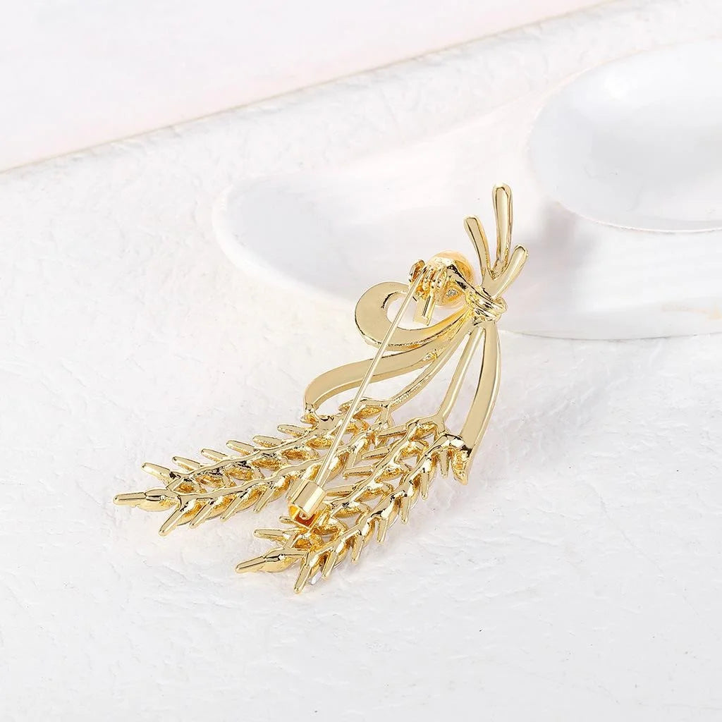 Elegant Rhinestone Wheat Ear Pearl Brooch For Women, Gold Alloy Lapel Pin Corsage Suit Accessory Gift