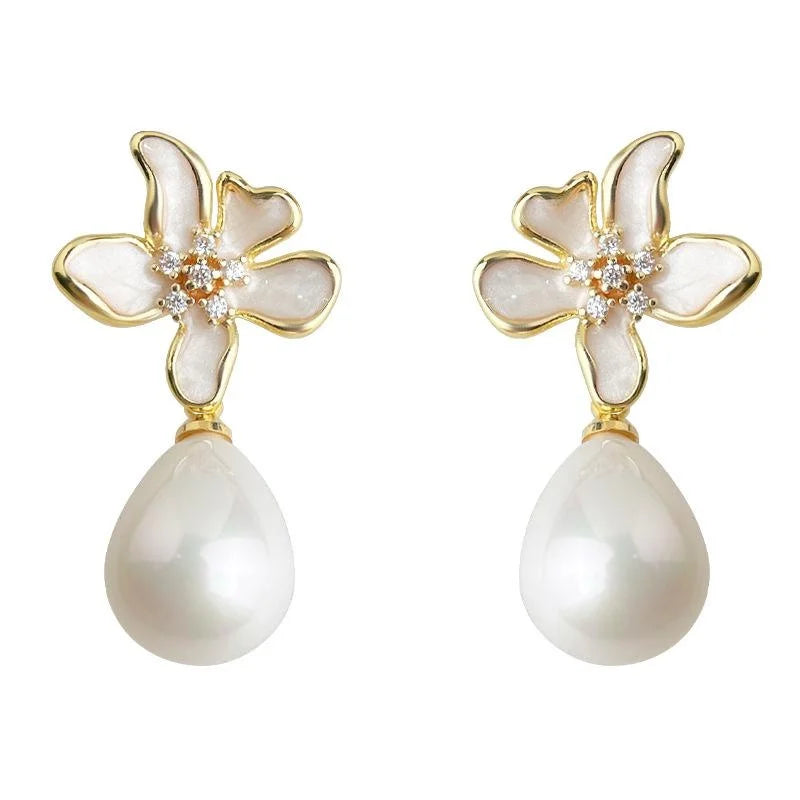 Elegant White Iris Flower Drop Earrings With Zircon Pave, Enamel, 14K Plated Copper And Pearl