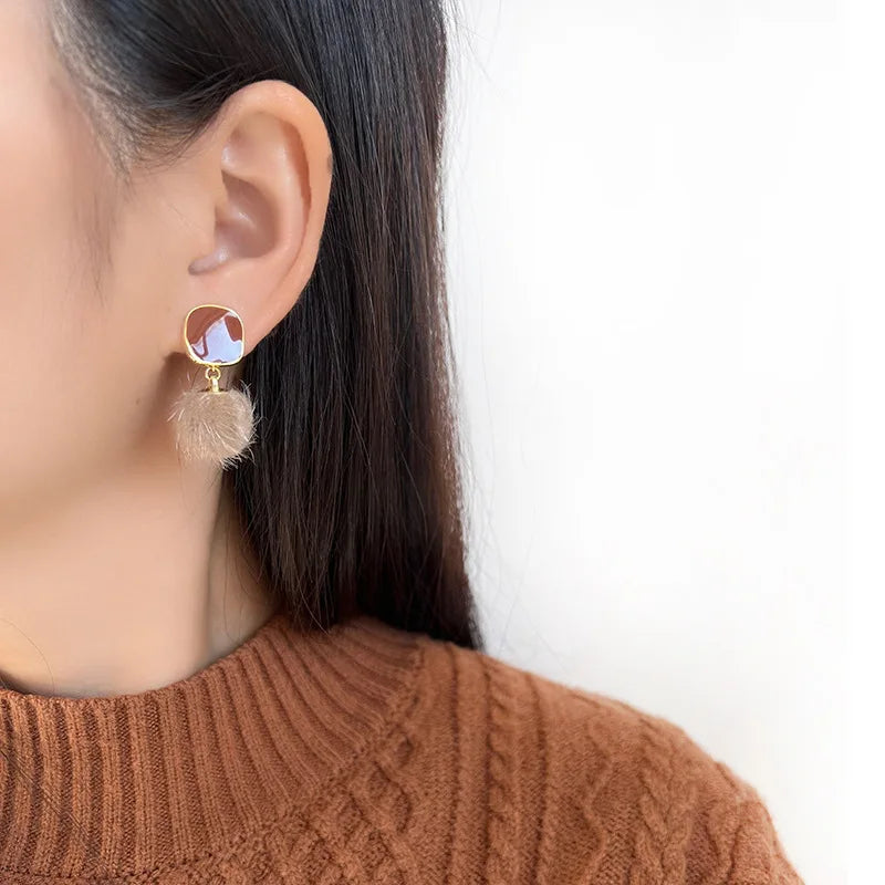 Elegant Brown Enamel Geometric Fuzzy Pom Pom Alloy Stud & Clip On No Piercing Drop Earrings
