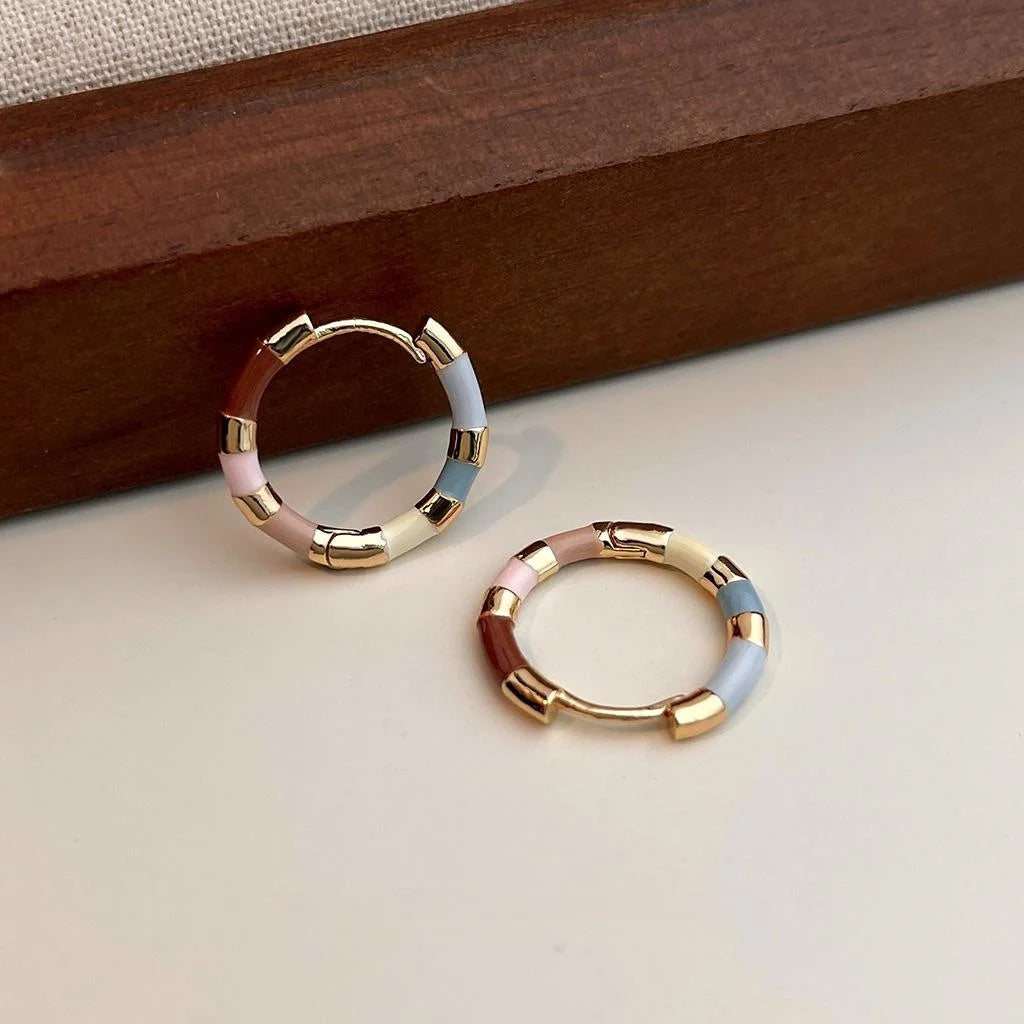 14K Gold Plated Copper Colorful Enamel Round Geometric Stud Earrings Sweet Minimalist Jewelry