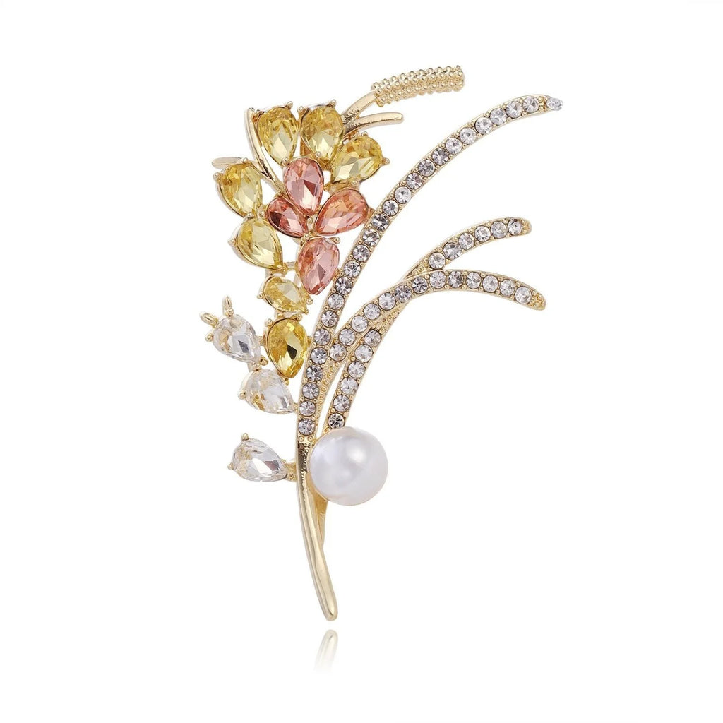 Elegant Wheat Ear Flower Brooch With Rhinestone Crystal Pearl, Gold Alloy Lapel Pin Corsage Suit Accessory
