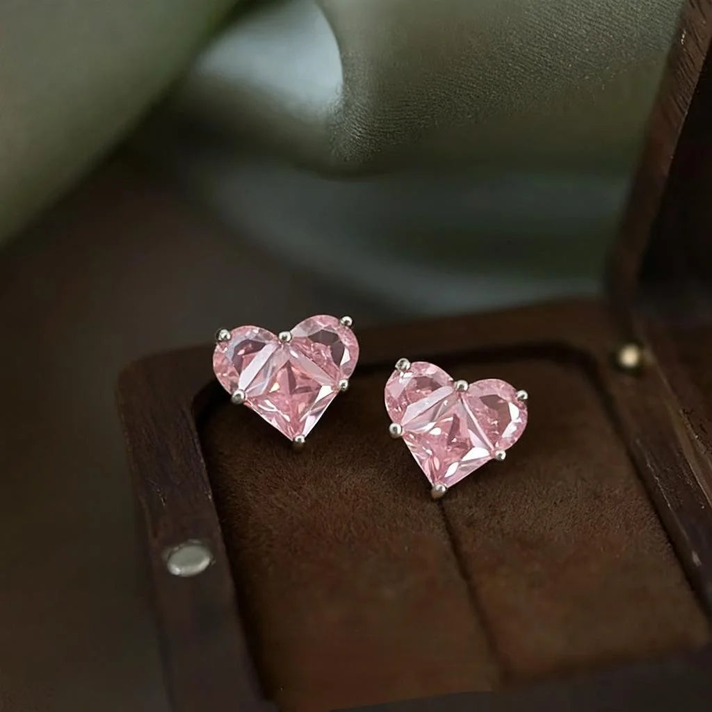 Minimalist Heart Geometric Pink Zircon Copper Stud Earrings For Women
