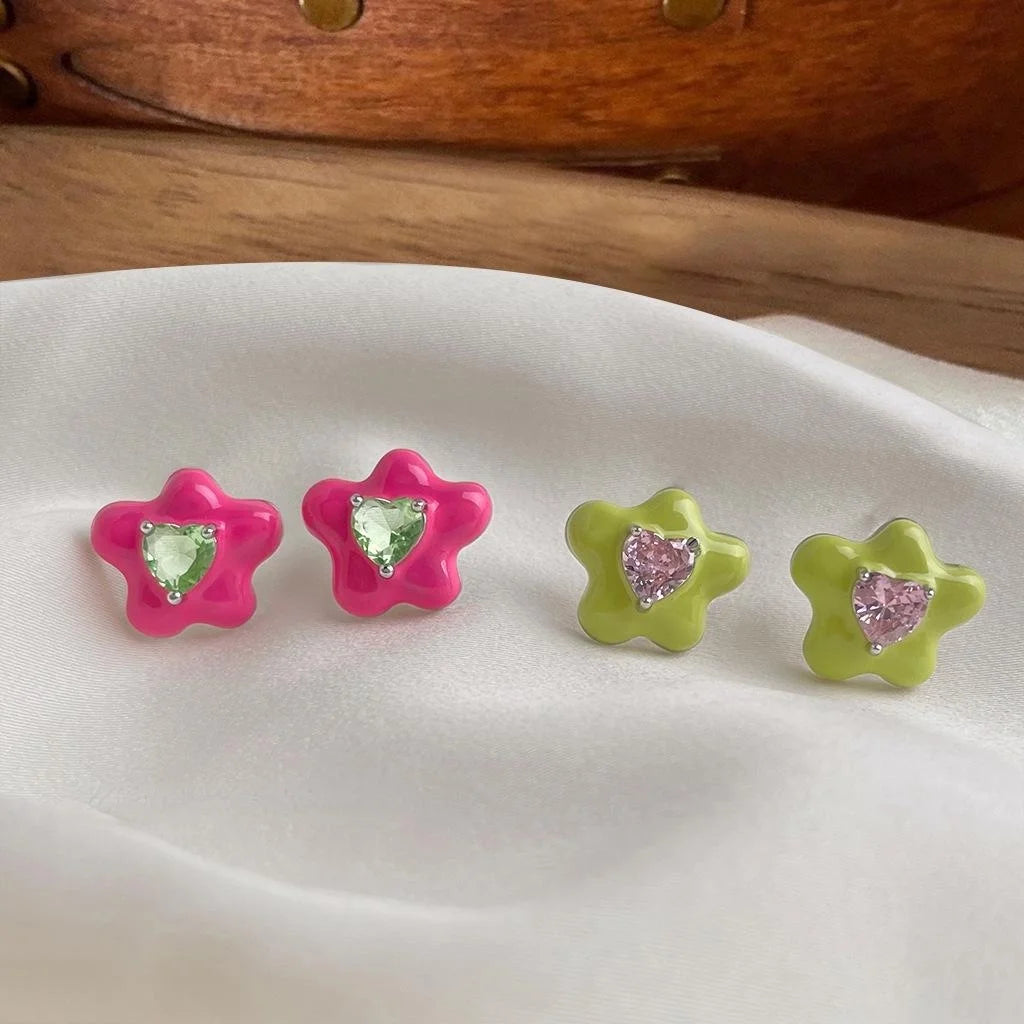 Sweet Cool Candy Color Liquid Flower Stud Earrings Copper Micro Pave Zircon Floral Jewelry