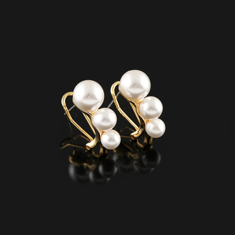 Elegant Simple Pearl Cluster Gold Tone Spiral Disc Alloy Stud & Clip On No Piercing Commuter Earrings