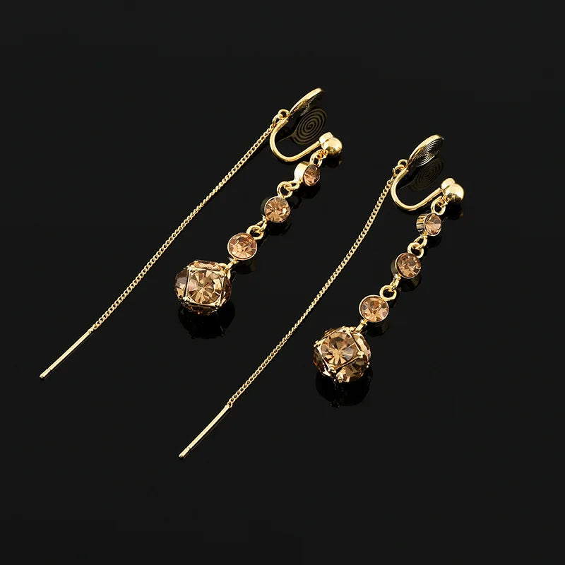 Elegant Brown Rhinestone Ball Spiral Chain Tassel Stud & Clip On No Piercing Long Drop Earrings
