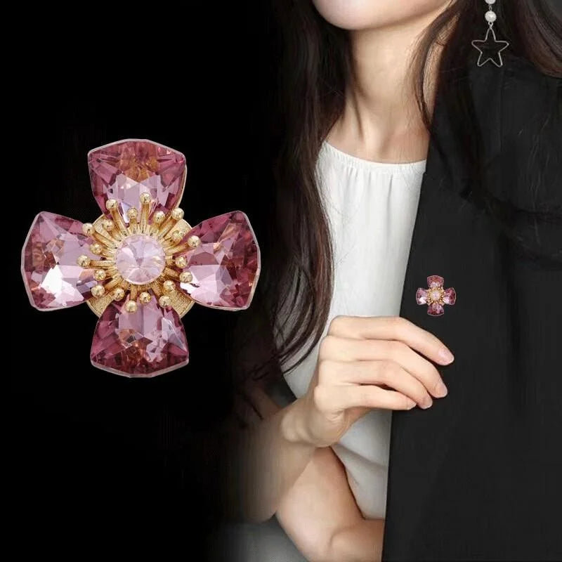 Elegant 3D Pink Crystal Flower Magnetic Brooch, Alloy Rhinestone Lapel Pin Corsage For Suits And Gifts
