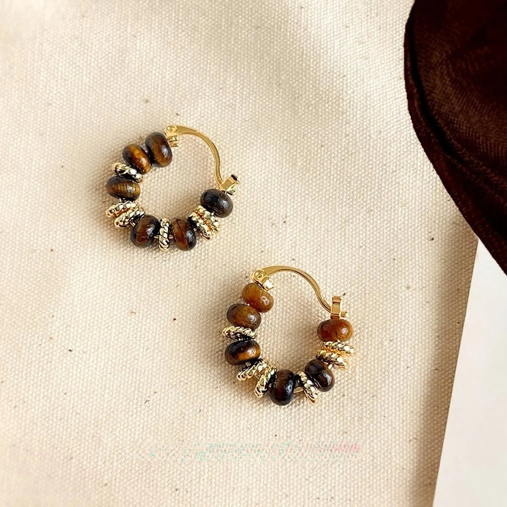 14K Plated Copper Tiger Eye Round Geometric French Vintage Maillard Drop Earrings