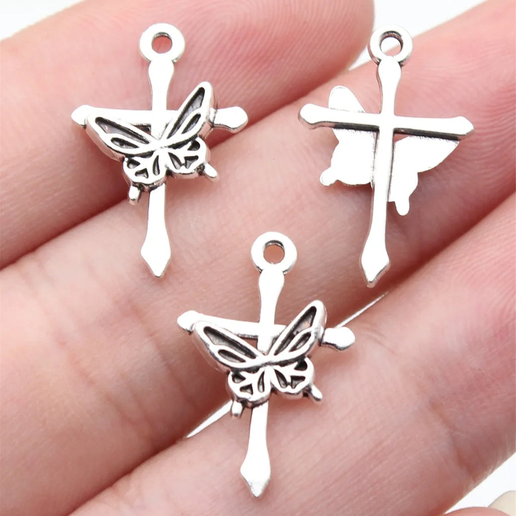 20x13mm 0.6g Antique Silver Zinc Alloy Butterfly Cross Charm Pendant for DIY Necklace Bracelet Jewelry