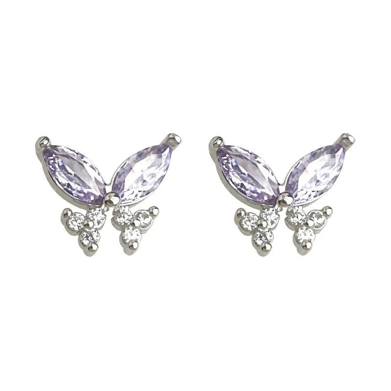 Sweet Purple Zircon Butterfly Stud Earrings Silver Plated Copper Light Luxury Jewelry