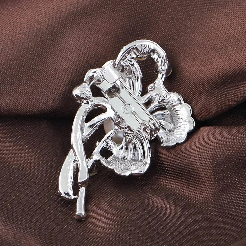 Elegant Rhinestone Flower Brooch With Faux Pearl Center, Silver Tone Corsage Lapel Pin Suit Accessory