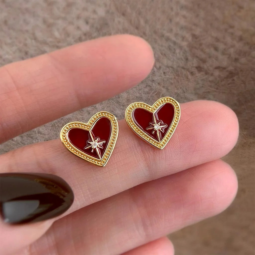 Vintage Burgundy Enamel Heart Star Micro Pave Zircon Stud Earrings Copper