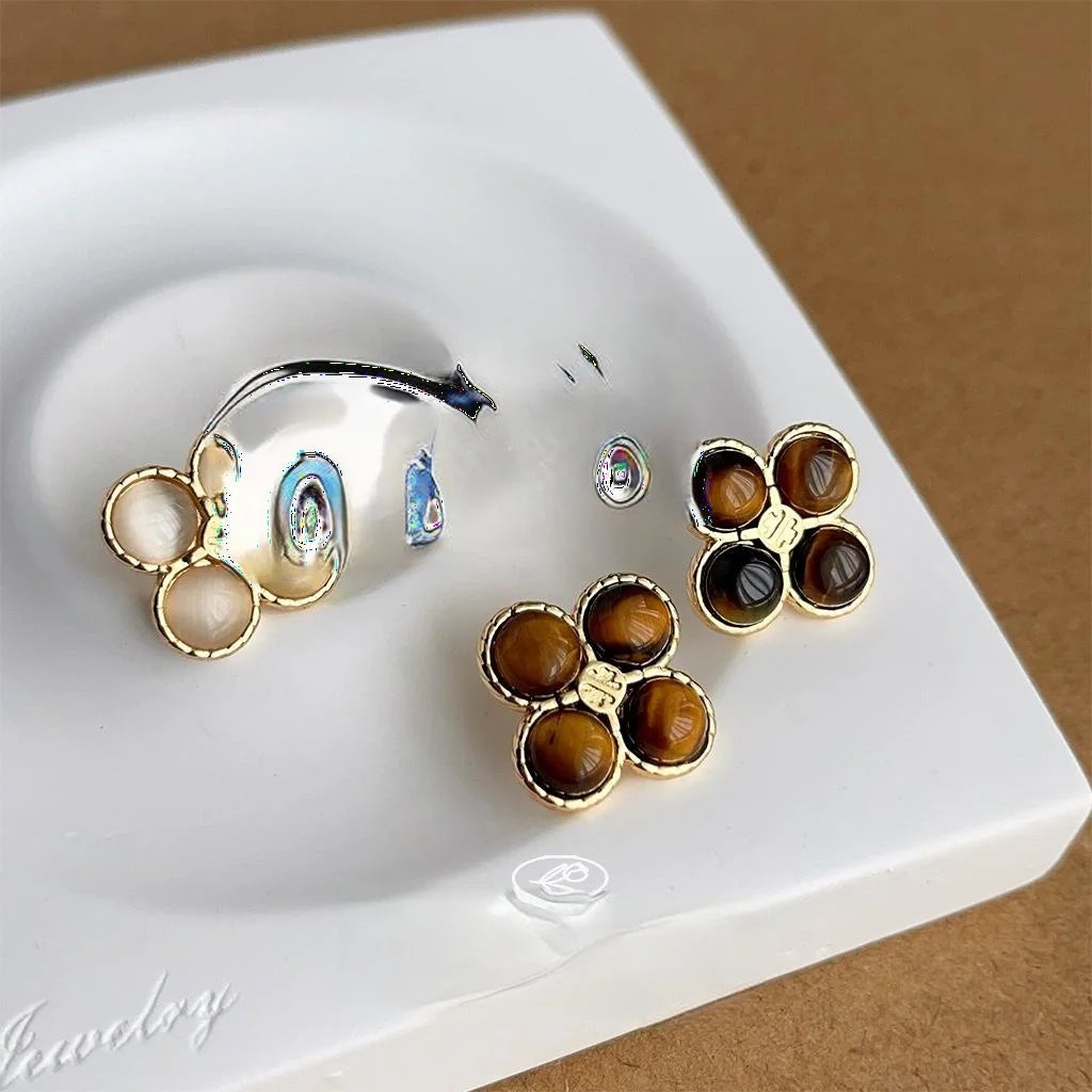 Maillard Tiger Eye Geometric Stud Earrings French Vintage Cat Eye Glass Flower Jewelry