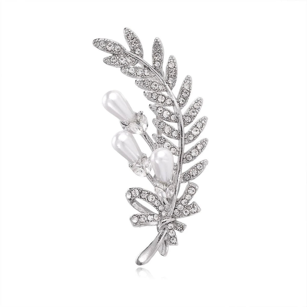 Elegant Wheat Leaf Brooch With Faux Pearl And Rhinestone Accents, Silver Alloy Lapel Pin Corsage Gift