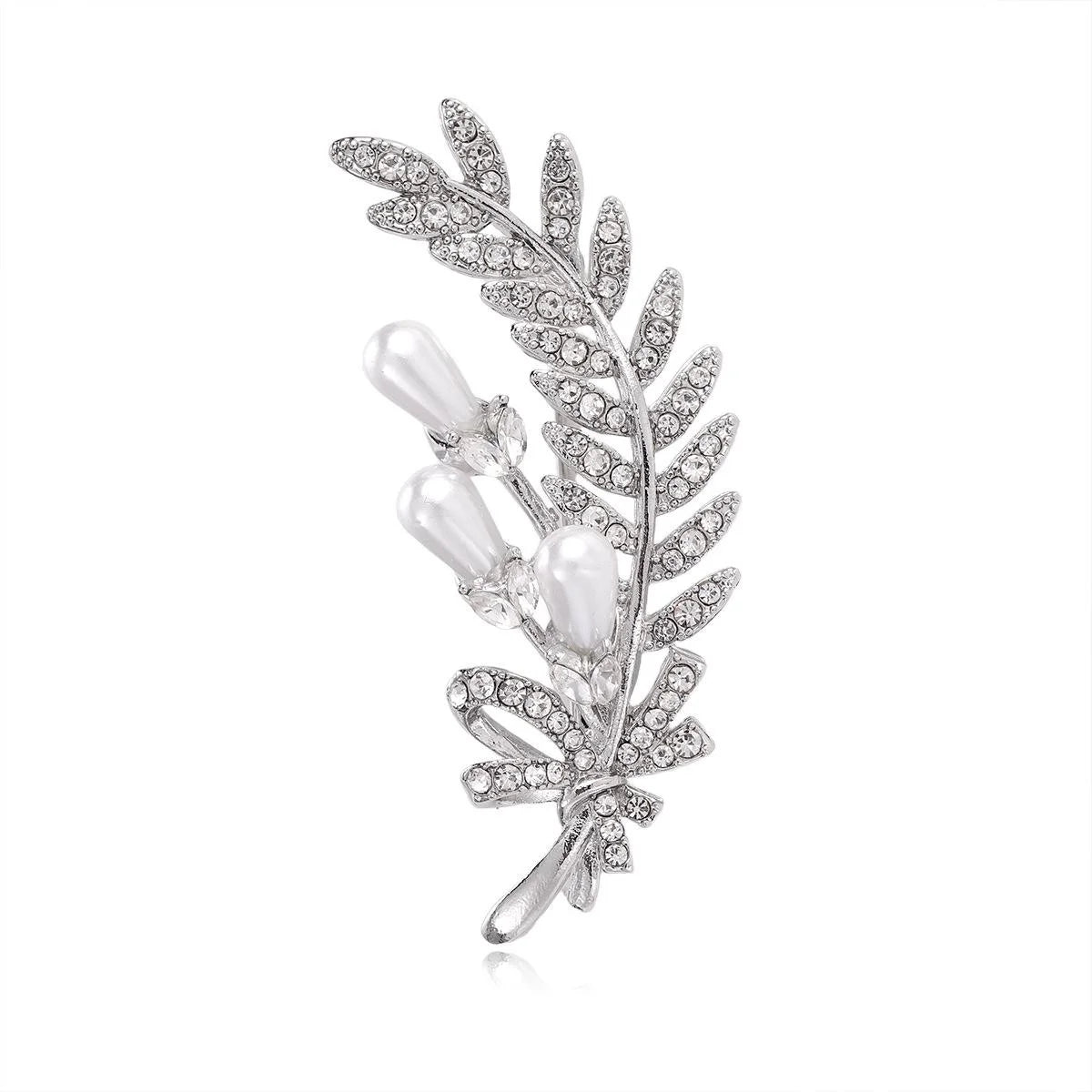 Elegant Wheat Leaf Brooch With Faux Pearl And Rhinestone Accents, Silver Alloy Lapel Pin Corsage Gift
