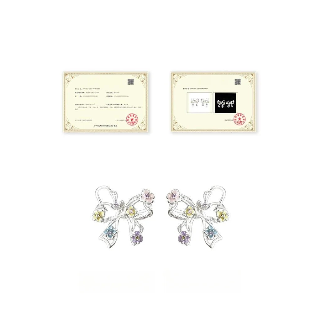 Sweet Fresh Bow Stud Earrings Copper Zircon Hollow Flower Enamel Painted Cute Jewelry