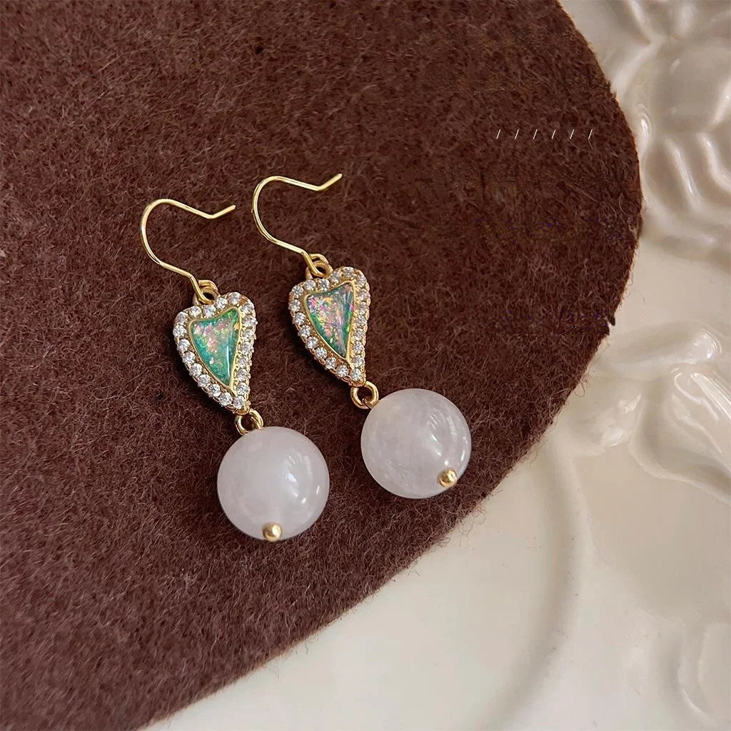 New Chinese White Jade Copper Heart Drop Earrings With Micro Pave Zircon French Vintage Style
