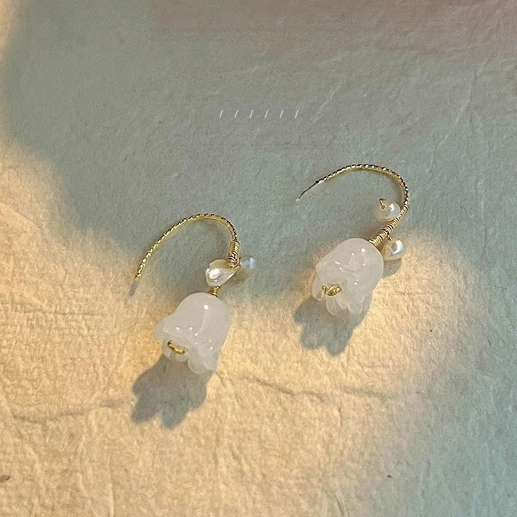 White Glass Orchid Flower Freshwater Pearl Drop Earrings French Sweet Minimalist Jewelry