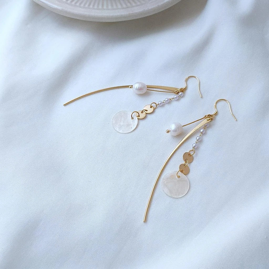 Handmade 14K Gold Plated Copper Natural Freshwater Pearl Shell Geometric Korean Drop Earrings