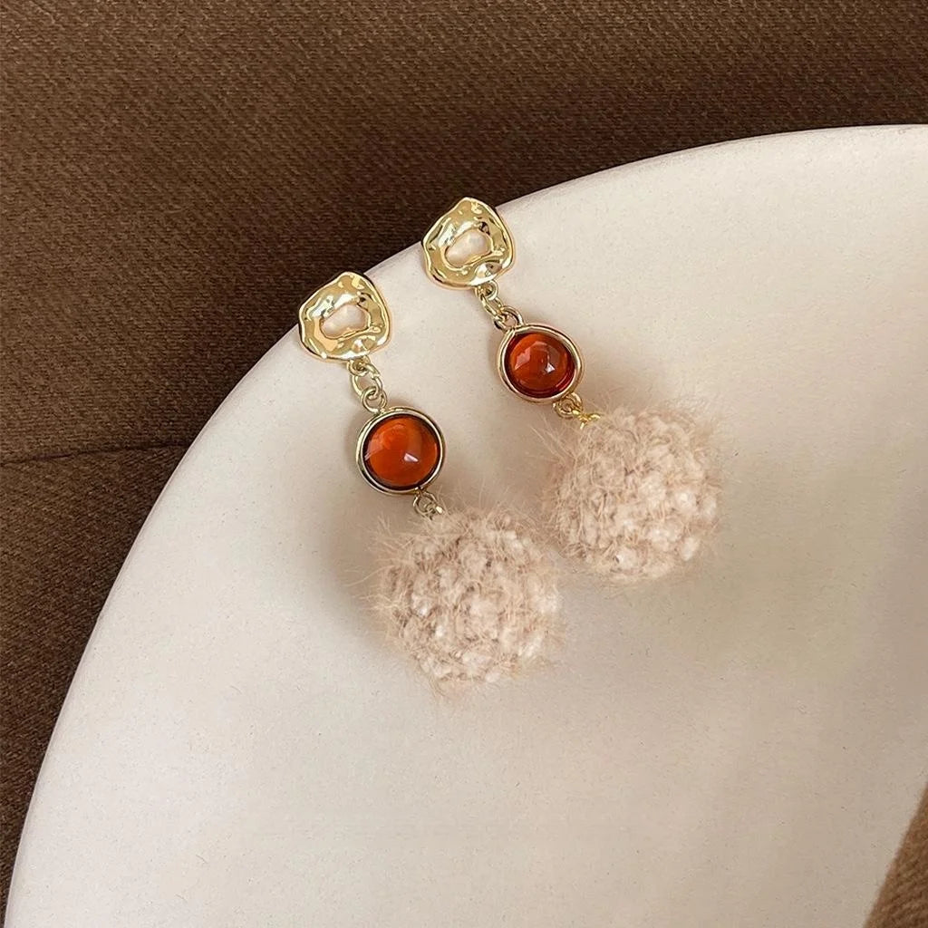 Original Design Maillard Color Geometric Round Copper Drop Earrings For Autumn Winter Fashion