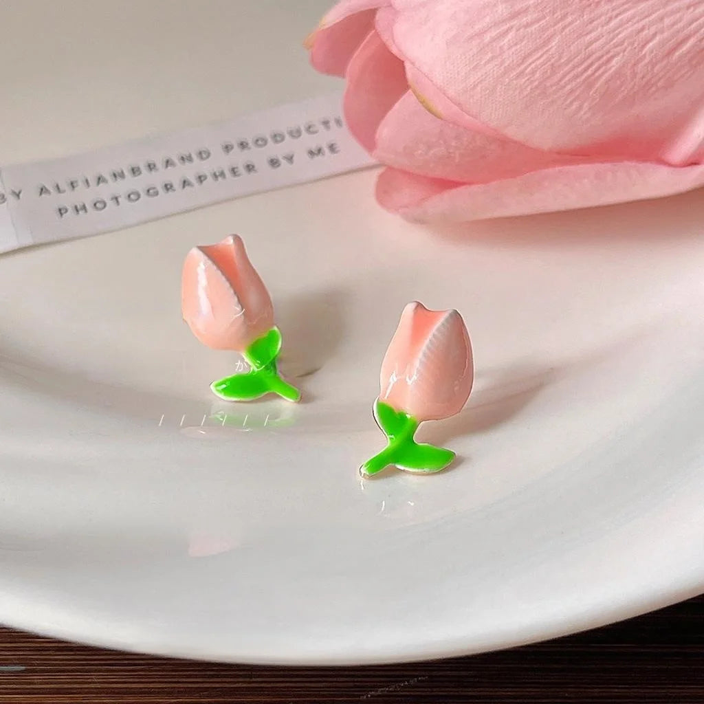 Sweet Tulip Flower 14K Plated Metal Stud Earrings, Minimalist Cute Ear Jewelry