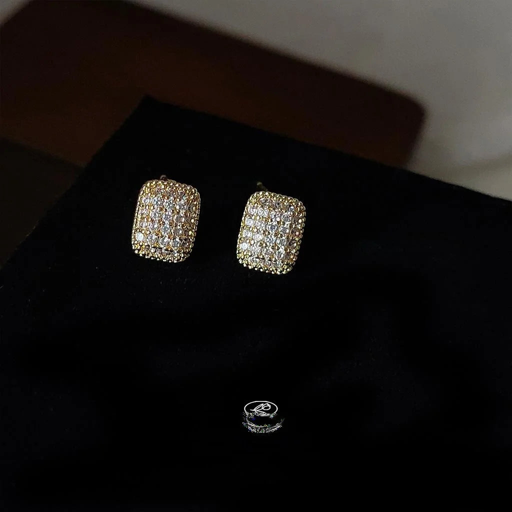 14K Gold Plated Copper Geometric Rectangle Micro Pave Zircon Stud Earrings Minimalist Luxury