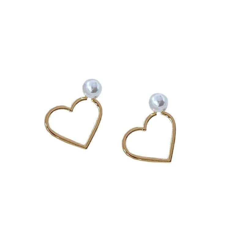 14K Gold Plated Alloy Hollow Heart Pearl Stud Earrings, Minimalist Two-Way European Style