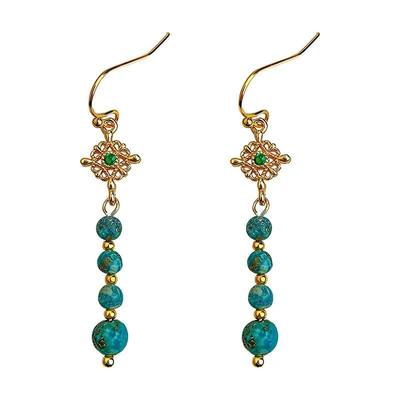 Vintage Chinese Style Copper Zircon Hubei Turquoise Geometric Round Tassel Drop Earrings