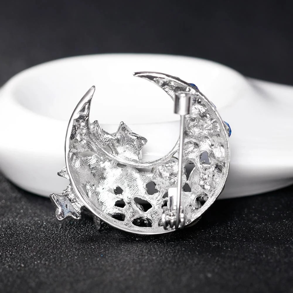 Elegant Blue Rhinestone Crescent Moon Star Alloy Brooch For Women, Sparkling Lapel Pin Corsage Gift