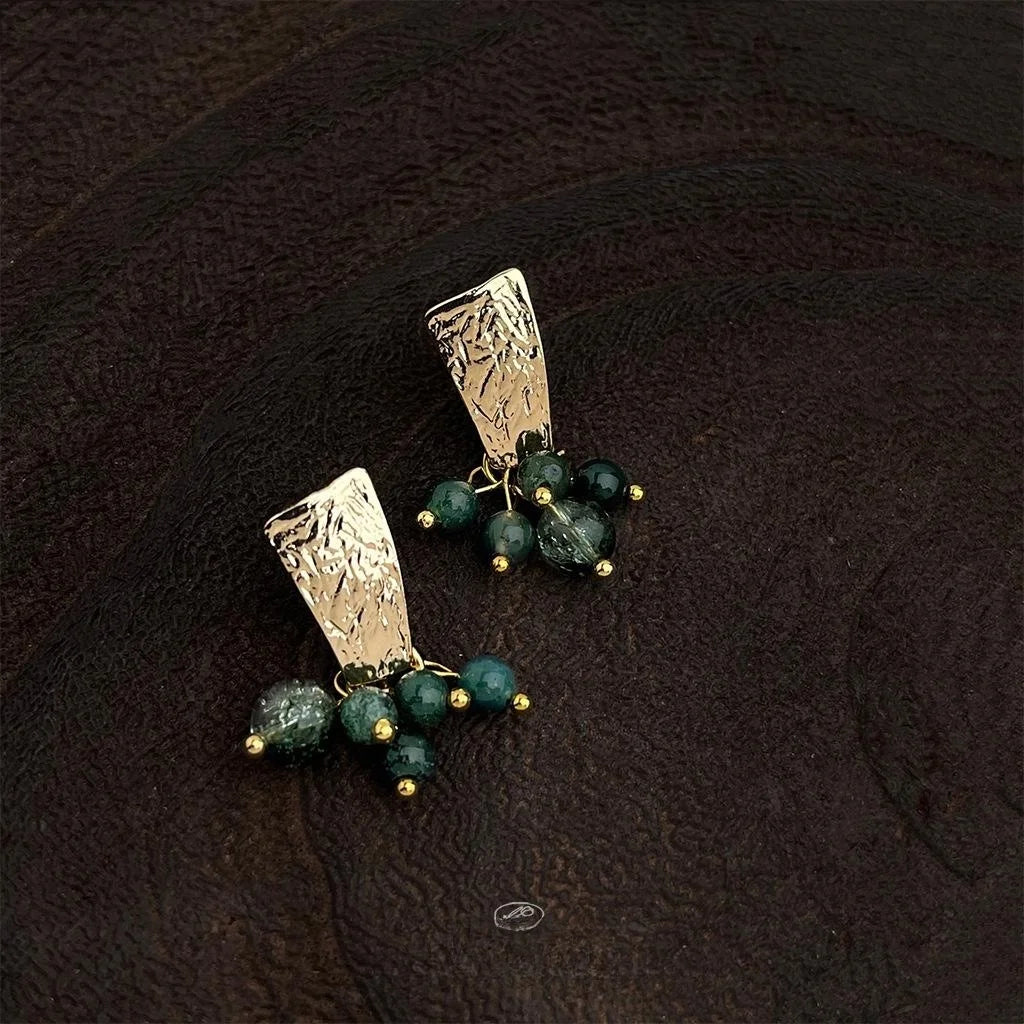 Vintage Handmade Ghost Stone Stud Earrings French Retro Hammered Eco Copper Geometric Line Jewelry