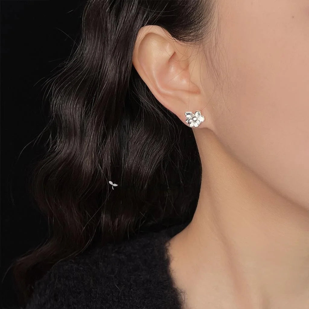Silver Plated Copper Lotus Flower Stud Earrings Sweet Minimalist Commuter Jewelry