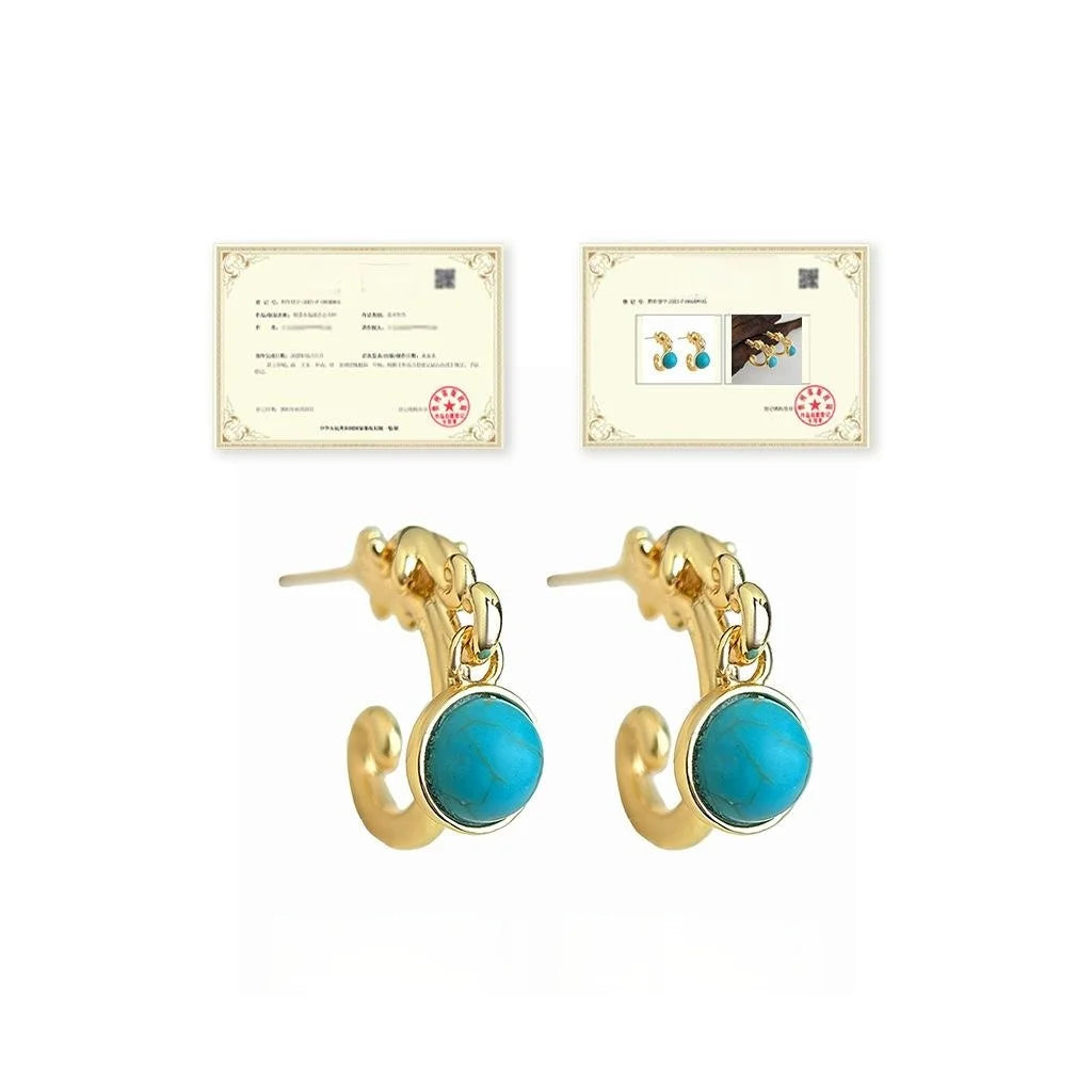 Dragon Pattern Synthetic Turquoise Copper Drop Earrings Old Money Geometric Round Jewelry