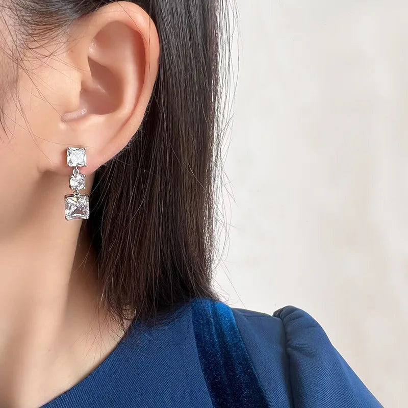 Luxury Princess Cut Square Zircon Crystal Geometric Drop Stud & Clip On No Piercing Long Dangle Earrings
