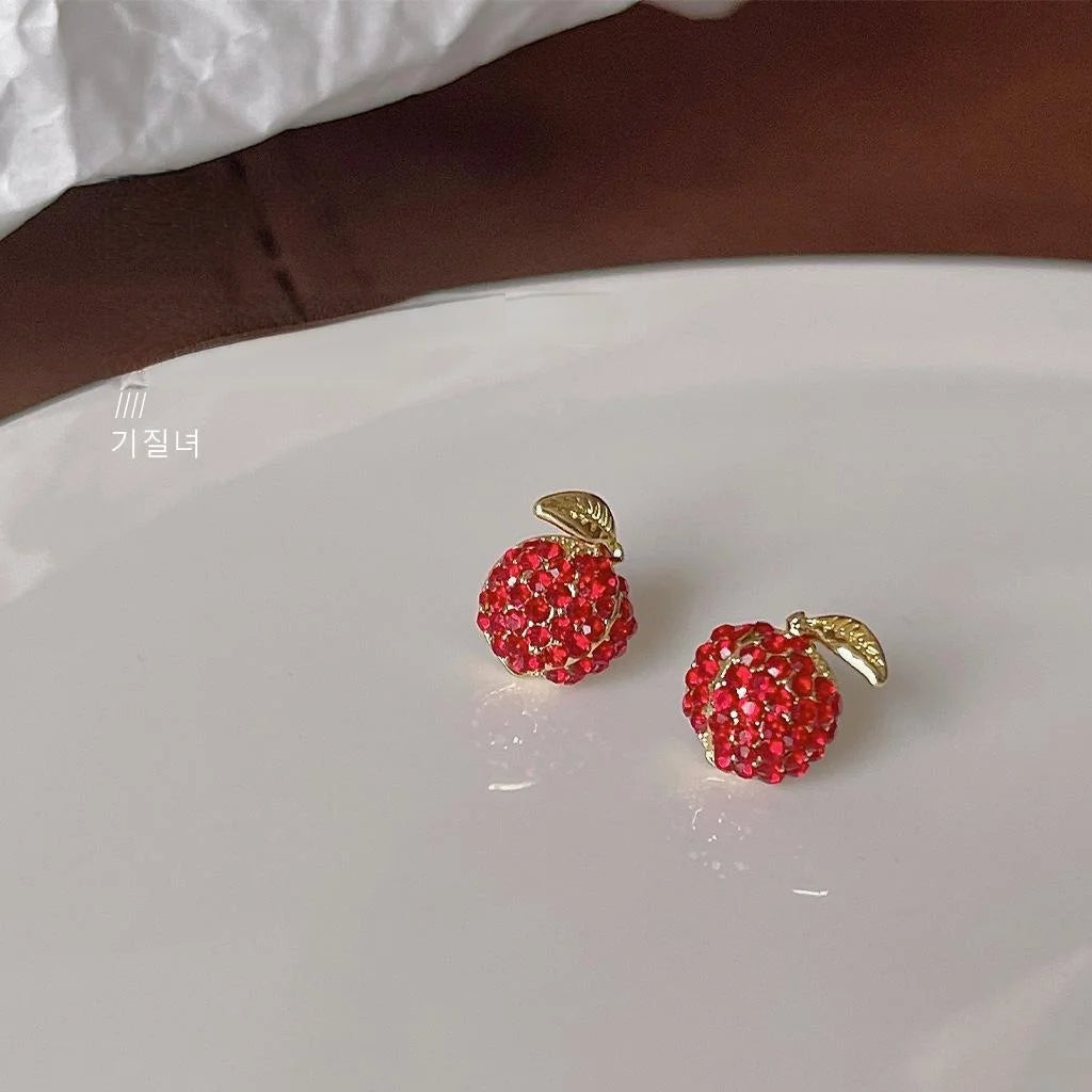 14K Plated Copper Red Apple Rhinestone Stud Earrings Creative Fruit Jewelry