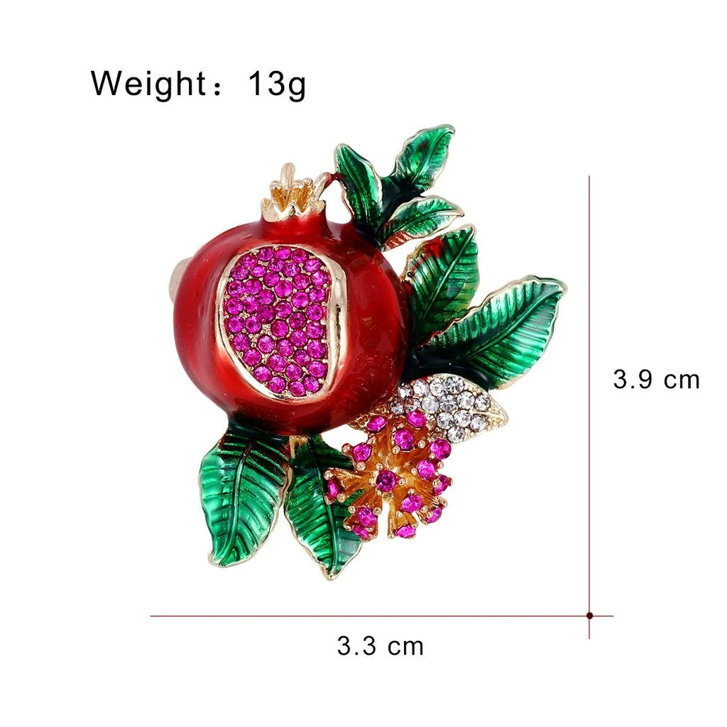 Elegant Enamel Pomegranate Fruit Brooch With Rhinestone Seeds And Green Leaves, Women's Lapel Pin Gift