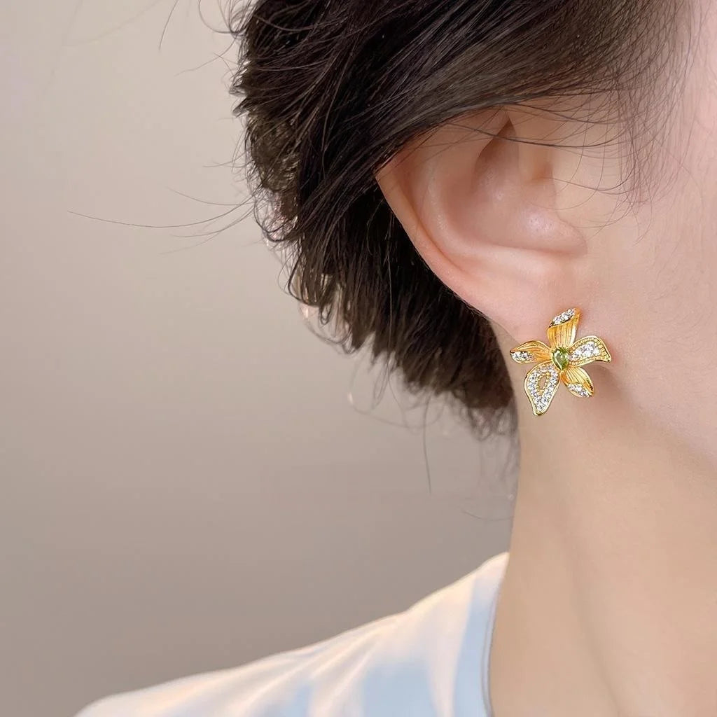 Light Luxury Copper Zircon Iris Flower Petal Bow Stud Earrings, 3D Micro Pave Designer Jewelry