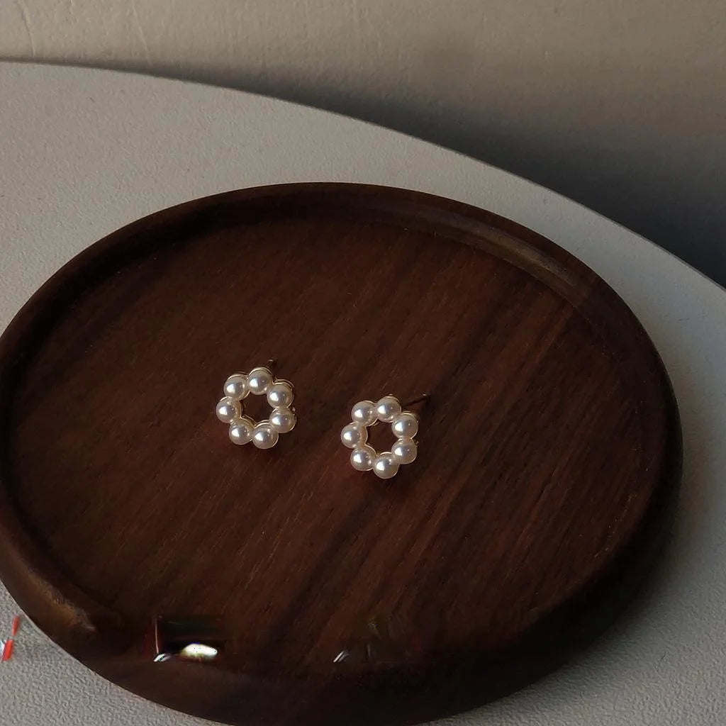 Mini Korean Japanese Round Hollow Pearl Stud Earrings, 14K Plated Copper Geometric Jewelry