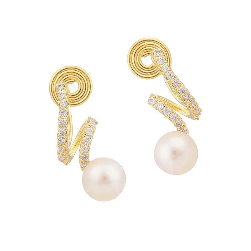 Elegant Zircon Curve Spiral Alloy Freshwater Pearl Stud & Clip On No Piercing Women's Fashion Earrings