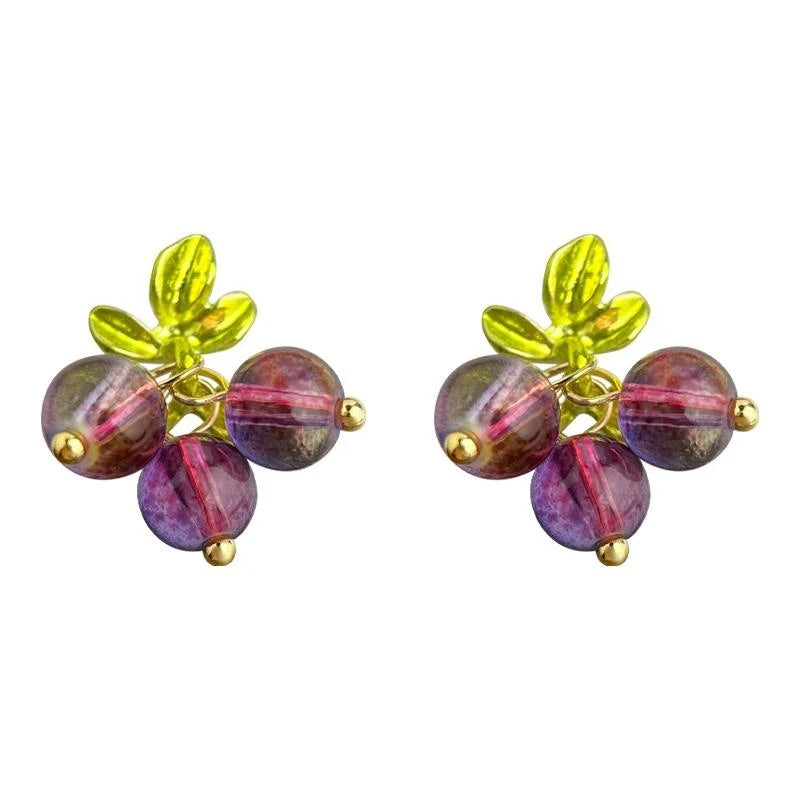 Handmade Purple Grape Cluster Crystal Glass Stud Earrings Sweet Fresh Summer Vacation Style