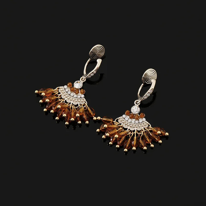 Vintage Fan Tassel Amber Crystal Rhinestone Alloy Stud & Clip On No Piercing Drop Earrings