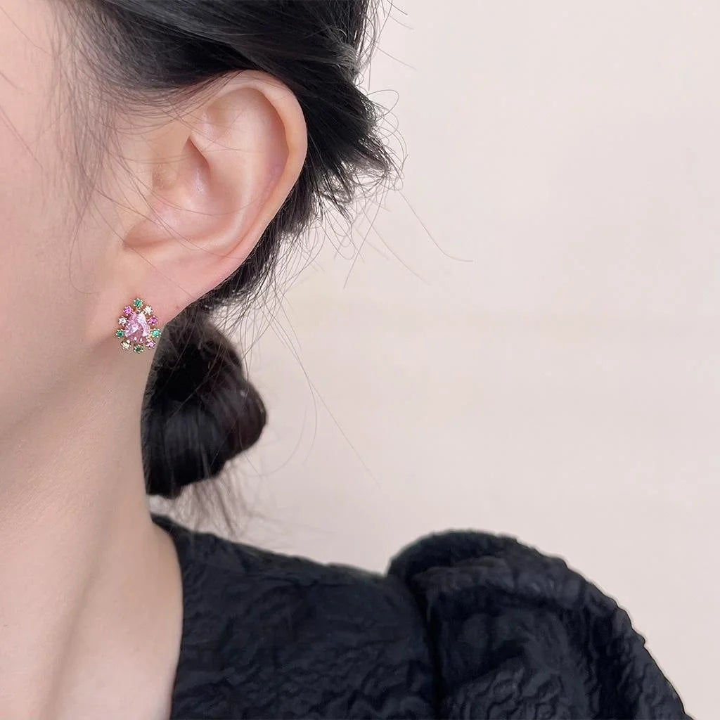 Sweet Colorful Micro Pave Zircon Waterdrop Stud Earrings, Copper Floral Teardrop Design