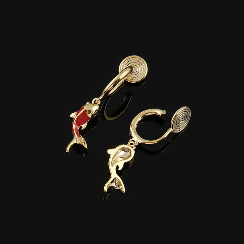 Elegant Chinese Style Red Enamel Koi Fish Hoop Dangle Stud & Clip On No Piercing Alloy Earrings