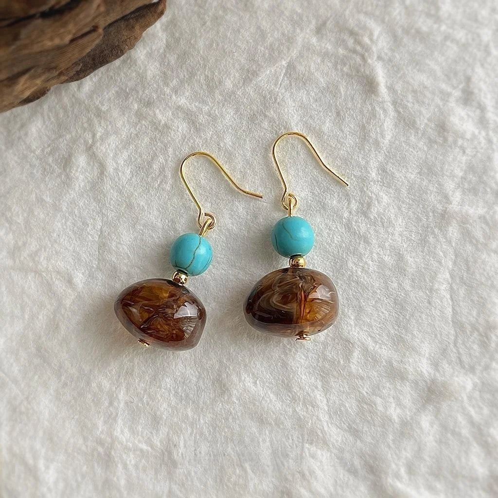 Vintage Style Handmade Geometric Resin Drop Earrings With Brown Marbled Round Oval Design