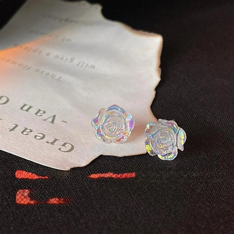 Transparent Colorful Resin Rose Flower Stud Earrings With Silver Plated Pins, Summer Jewelry
