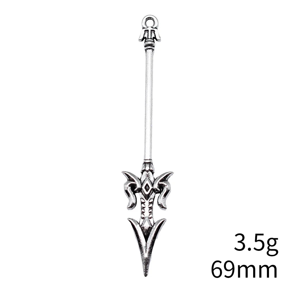69mm 3.5g Antique Silver Zinc Alloy Cosplay Weapon Knife Sword Spear Halberd Charm Pendant for DIY Jewelry