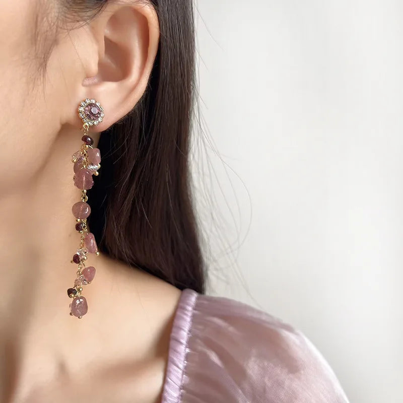 Luxury Pink Natural Stone Rhinestone Long Chain Tassel Stud & Clip On No Piercing Earrings