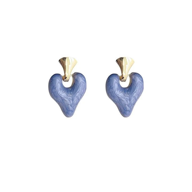 French Vintage 14K Gold Plated Enamel Heart Stud Earrings Sweet Minimalist Alloy Jewelry