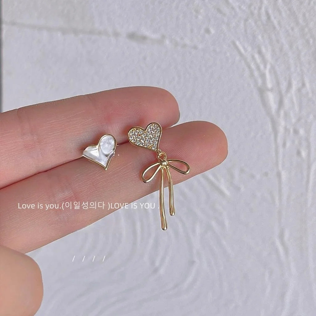 14K Plated Copper Micro Pave Zircon Asymmetric Heart Bow Stud Earrings Sweet Jewelry